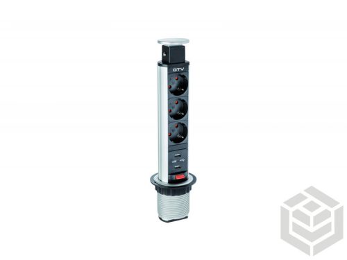 Kihúzható elosztó D60+USB schuko ezüst, 3-as+2 USB